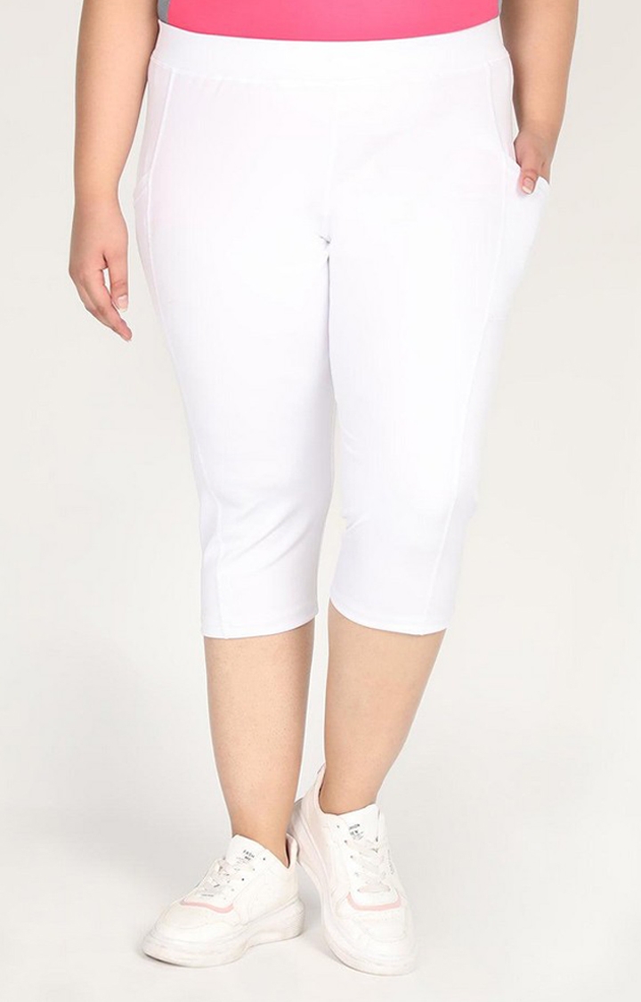 Women's White Solid Polyester Capris