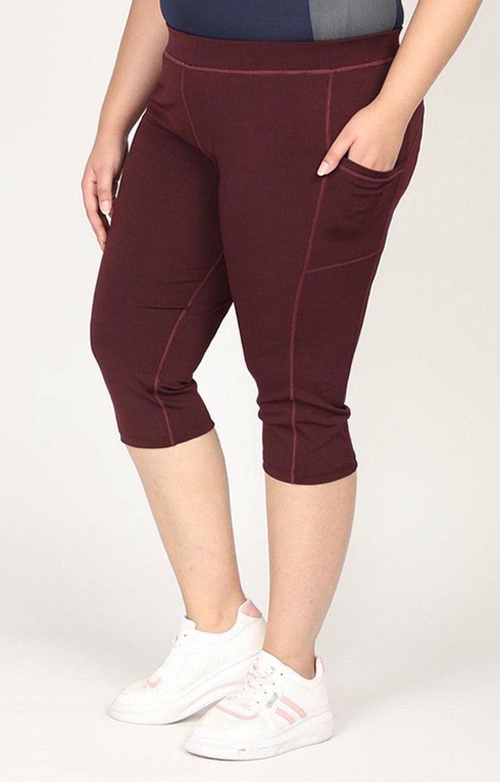 Women's Wine Red Solid Polyester Capris