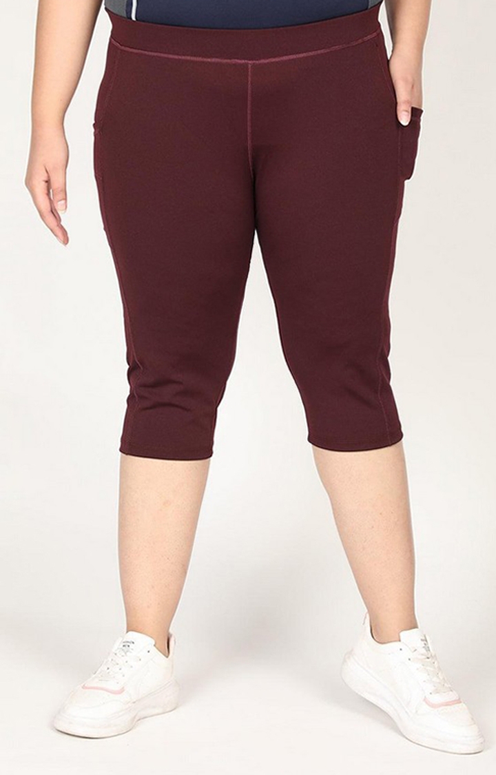 Women's Wine Red Solid Polyester Capris