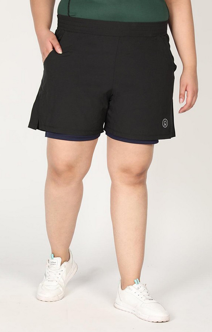 Women's Black & Navy Solid Polyester Activewear Shorts