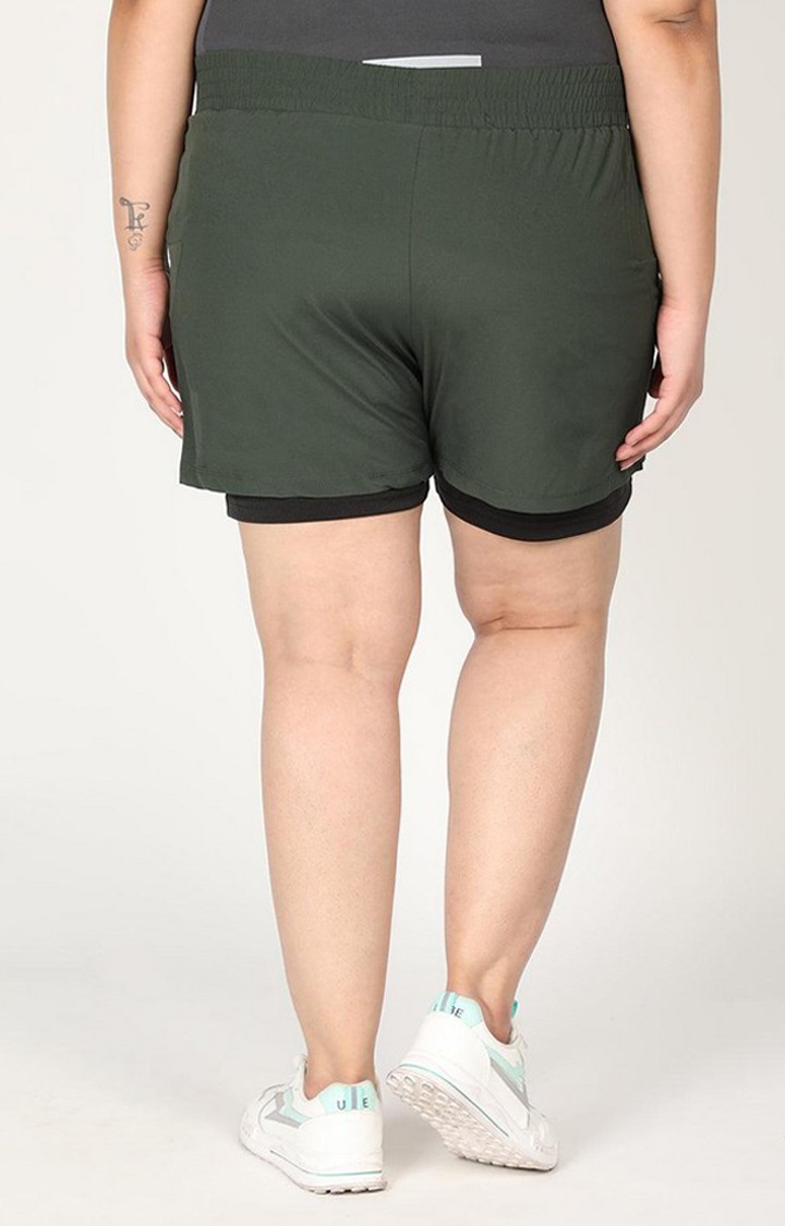 Women's Olive Green & Black Solid Polyester Activewear Shorts