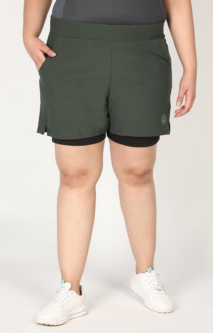 CHKOKKO | Women's Olive Green & Black Solid Polyester Activewear Shorts