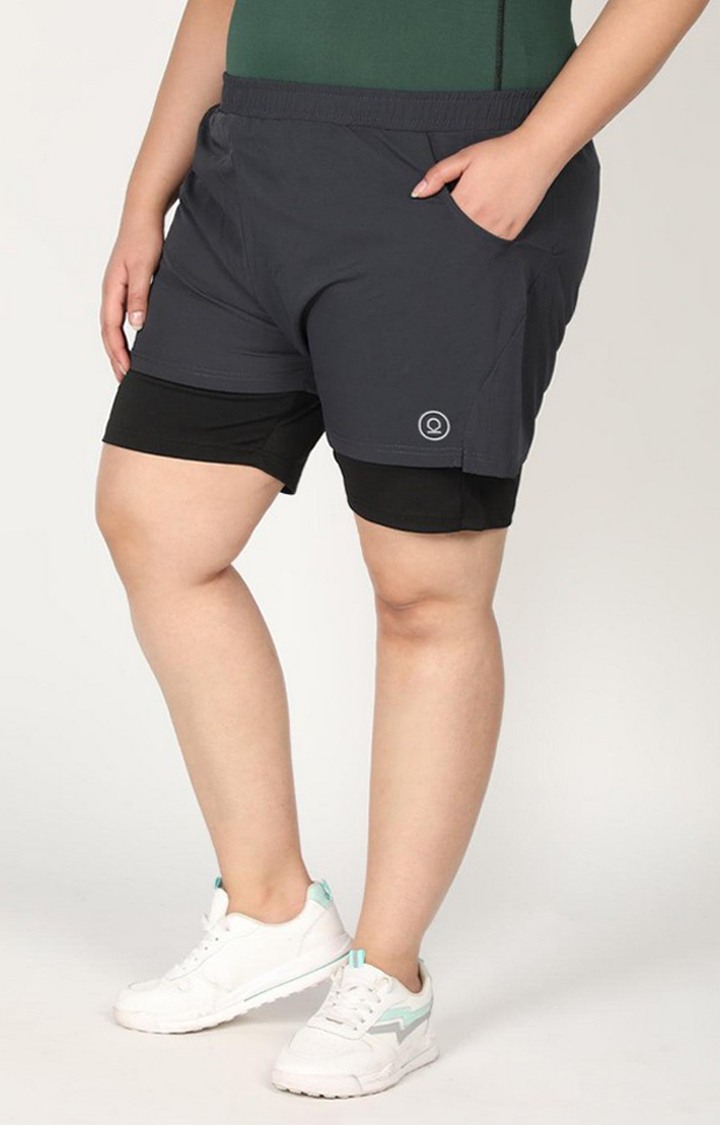 Women's Dark Grey & Black Solid Polyester Activewear Shorts