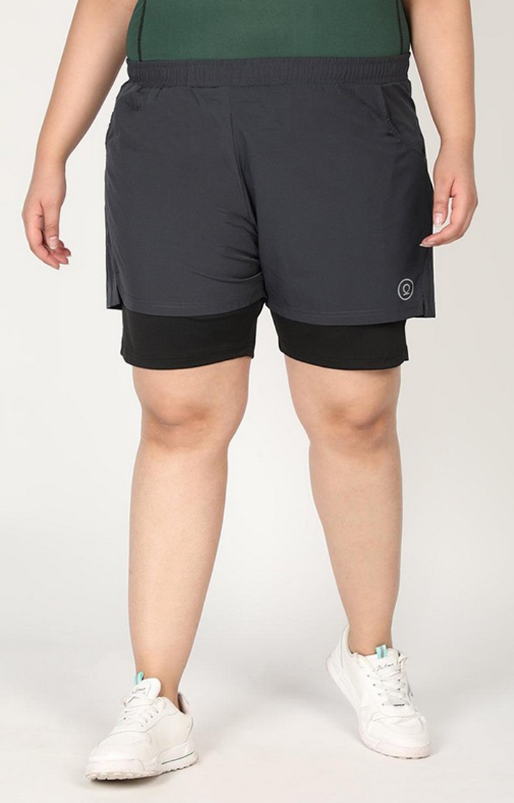 CHKOKKO | Women's Dark Grey & Black Solid Polyester Activewear Shorts