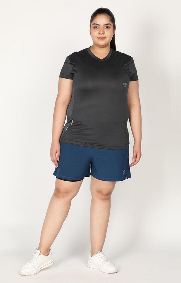 Women's Indigo Blue & Black Solid Polyester Activewear Shorts