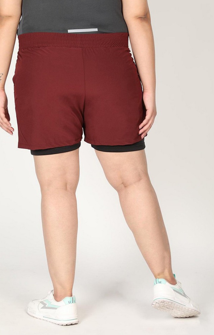 Women's Maroon & Black Solid Polyester Activewear Shorts