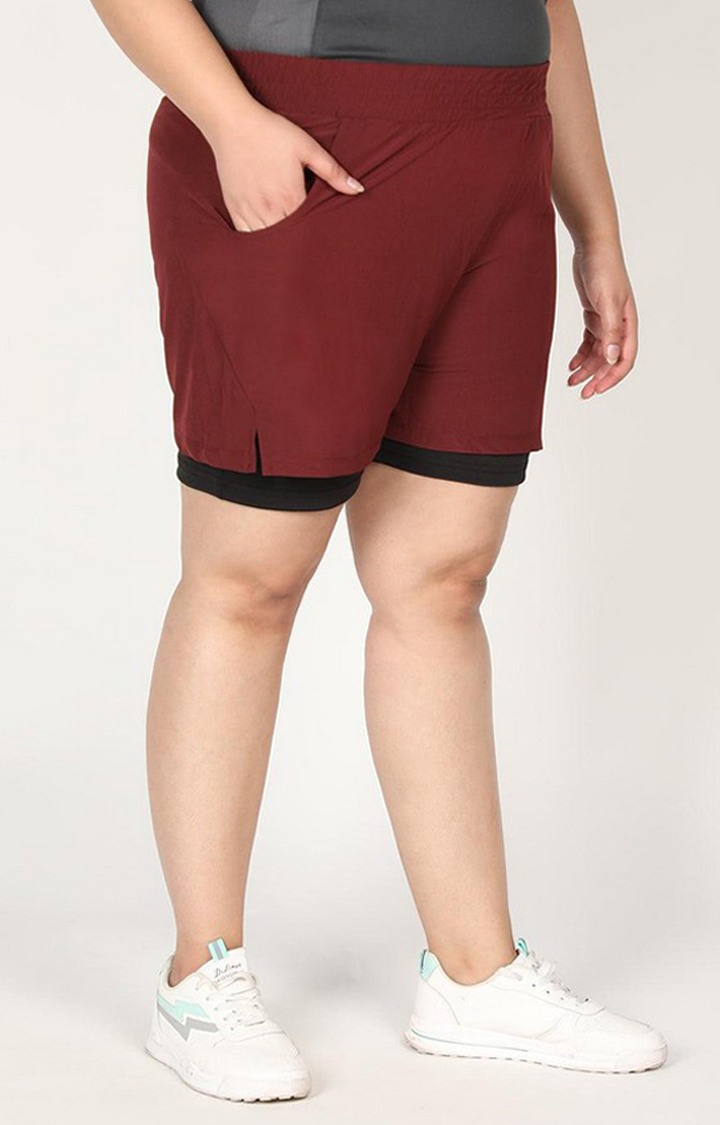 Women's Maroon & Black Solid Polyester Activewear Shorts