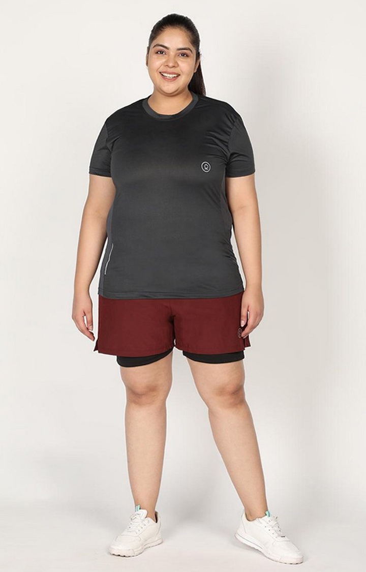 Women's Maroon & Black Solid Polyester Activewear Shorts