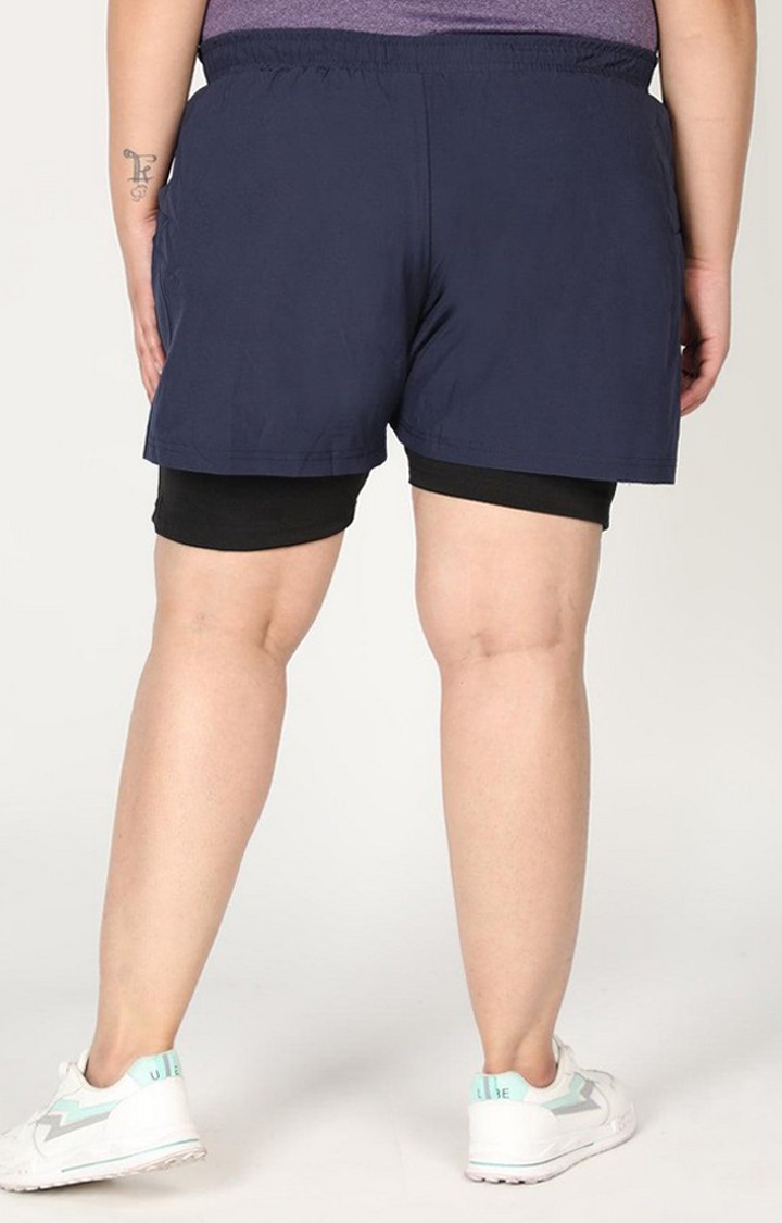 Women's Navy Blue & Black Solid Polyester Activewear Shorts