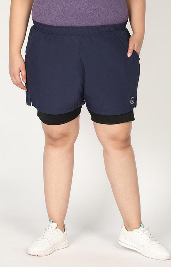 Women's Navy Blue & Black Solid Polyester Activewear Shorts