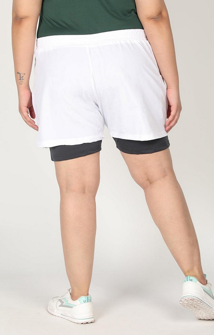 Women's White & Dark Grey Solid Polyester Activewear Shorts