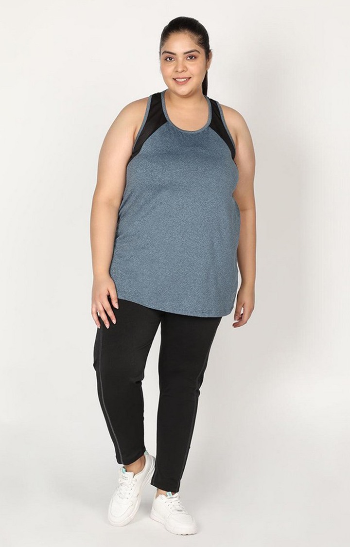 Women's Blue  Melange Textured Polyester Tank Top