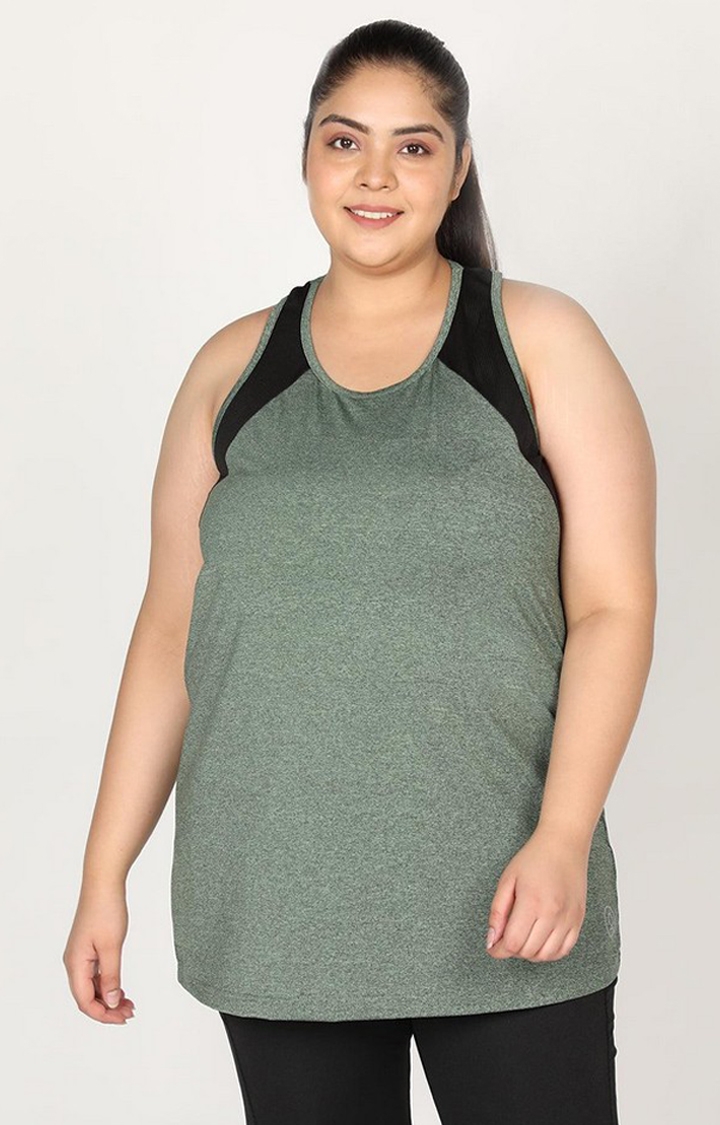 CHKOKKO | Women's Green Melange Textured Polyester Tank Top