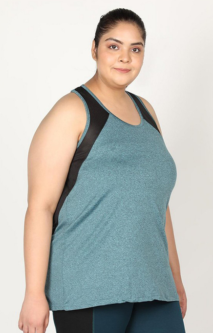 Women's Peacock Green Melange Textured Polyester Tank Top