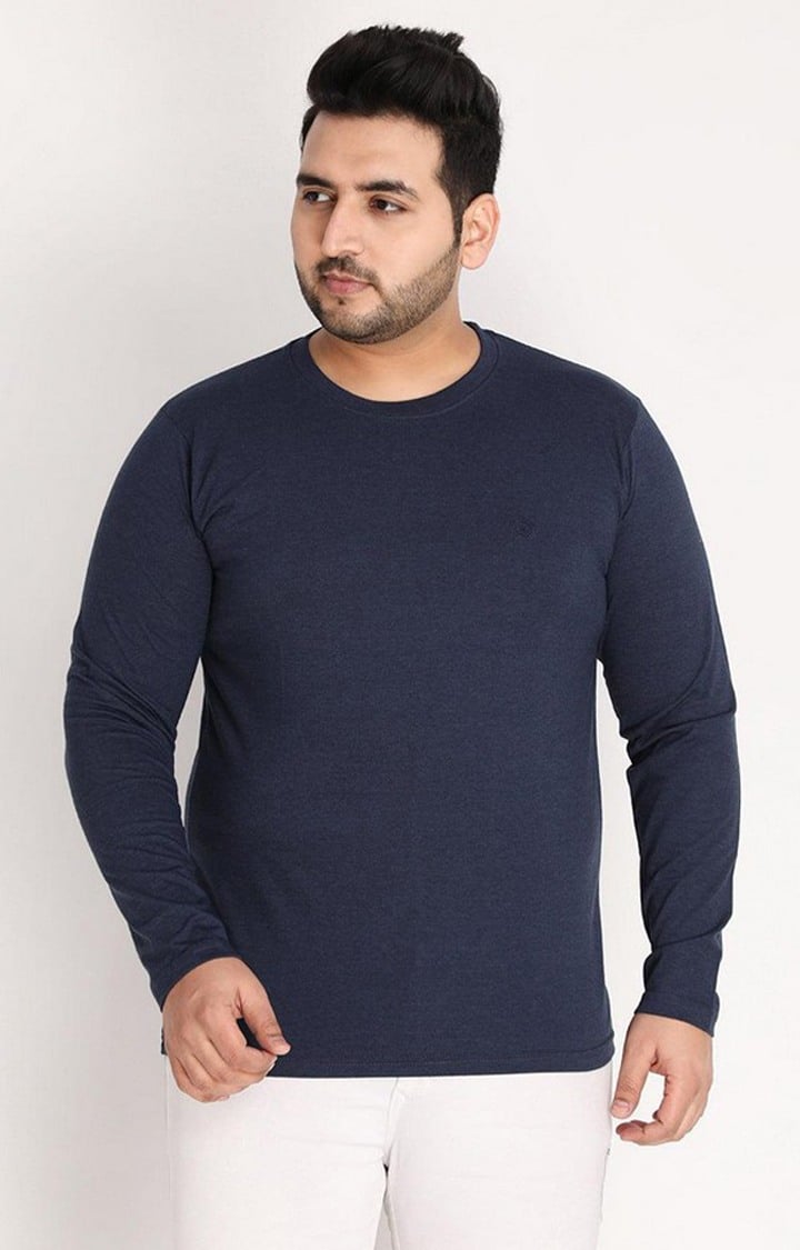 Men's Blue Melange Textured Polycotton Regular T-Shirt