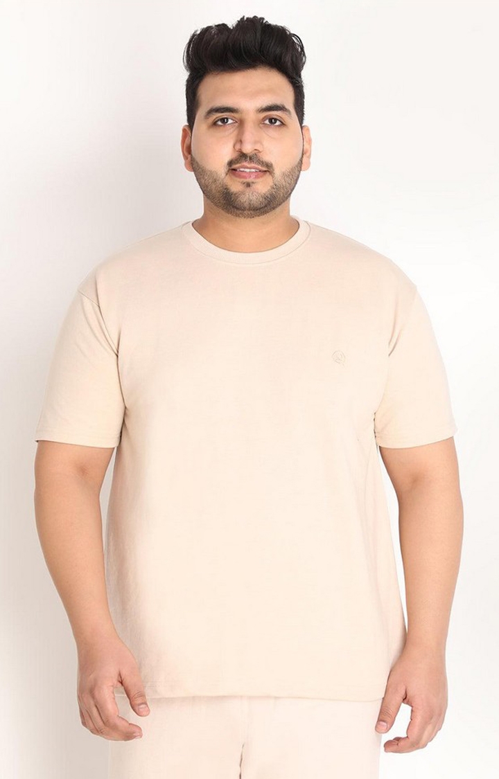 Men's Beige Solid Cotton Oversized T-Shirt