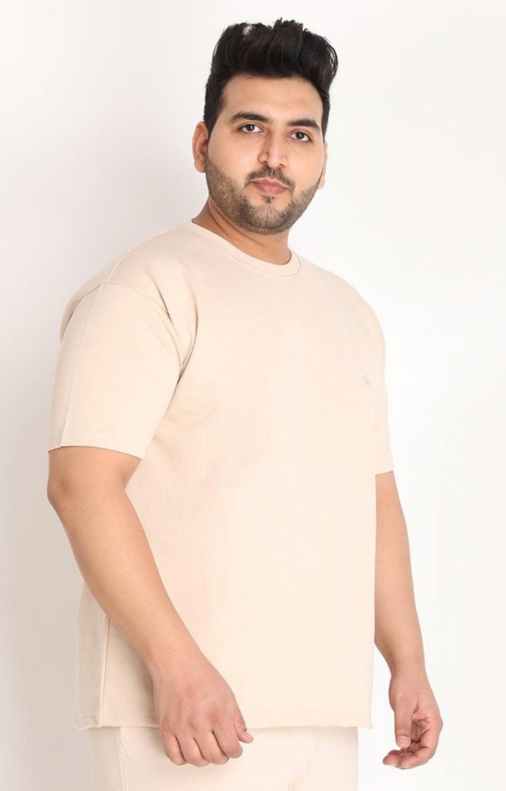 Men's Beige Solid Cotton Oversized T-Shirt