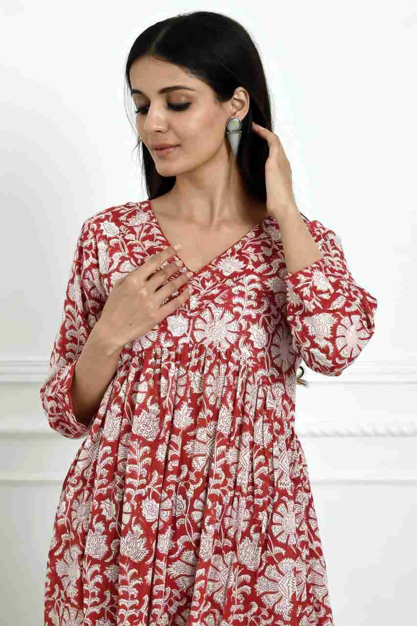 Naksh Red And White Block Printed Gathered Kurta With Pants (Set of 2)