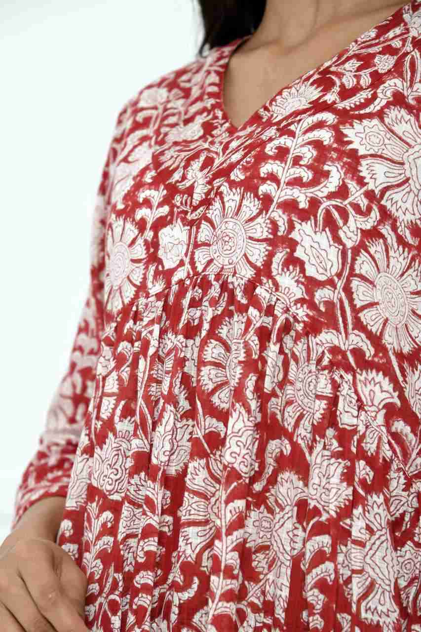 Naksh Red And White Block Printed Gathered Kurta With Pants (Set of 2)