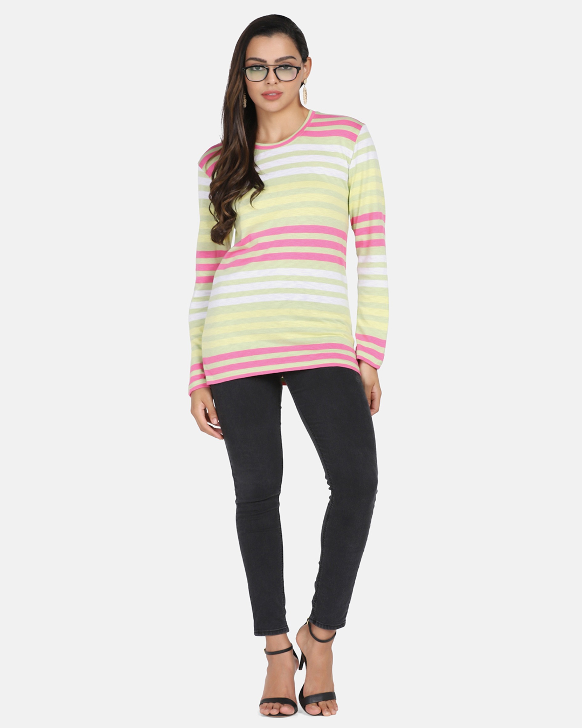 Full Sleeves Pink & Green Striped T Shirt