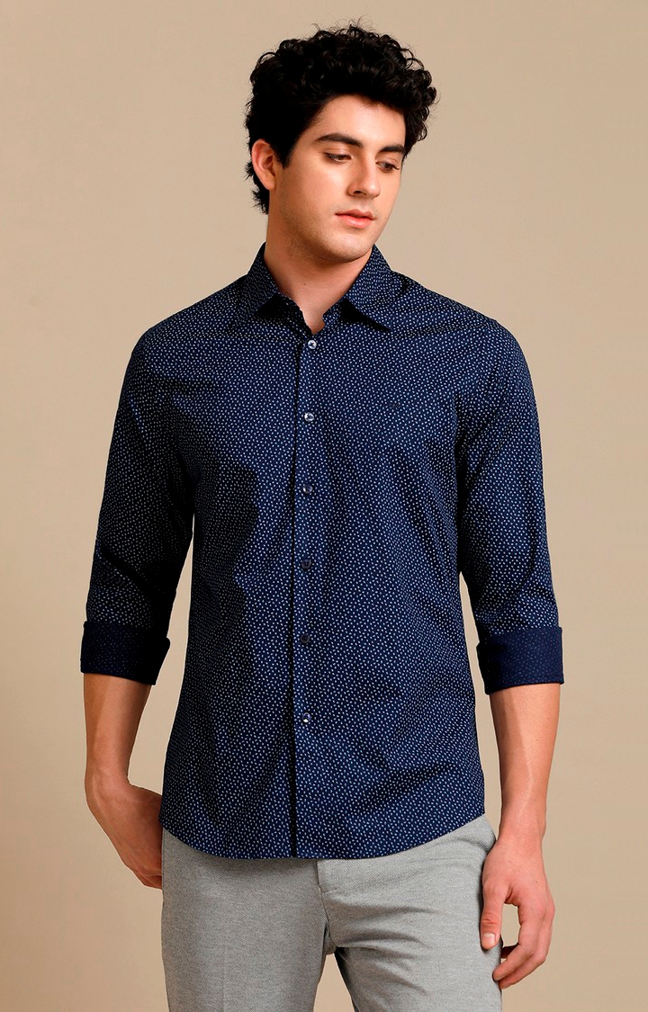 Aldeno | Men's Navy Cotton Printed Casual Shirt