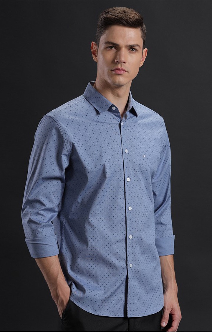 Men's Blue Cotton Polka Dots Casual Shirt