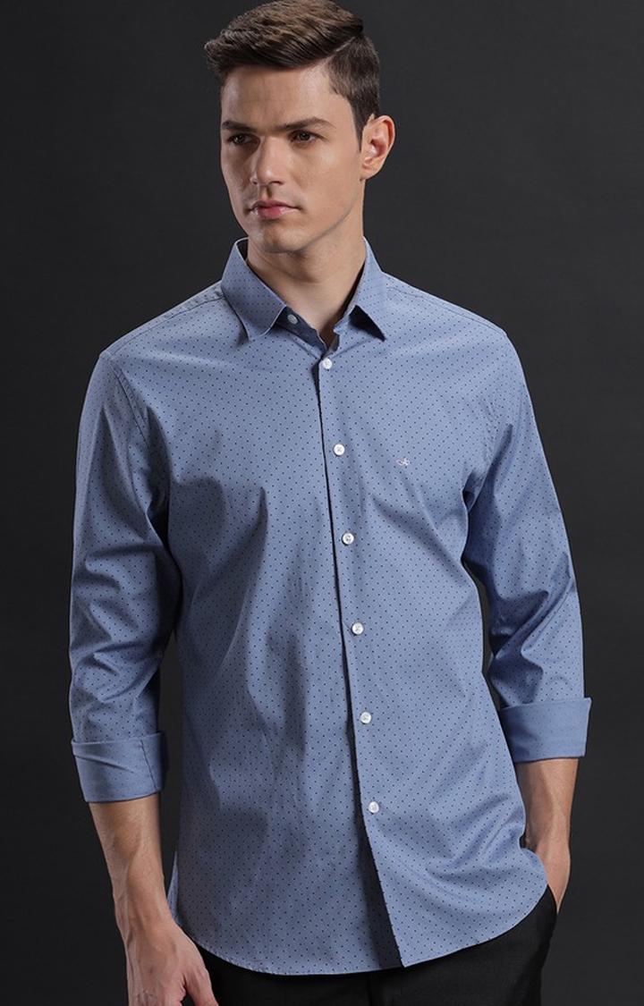 Men's Blue Cotton Polka Dots Casual Shirt