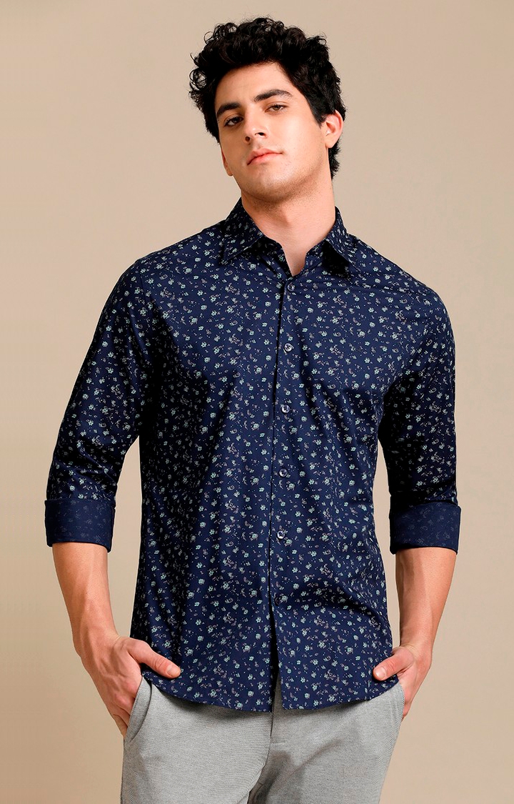 Men's Navy Cotton Floral Casual Shirt