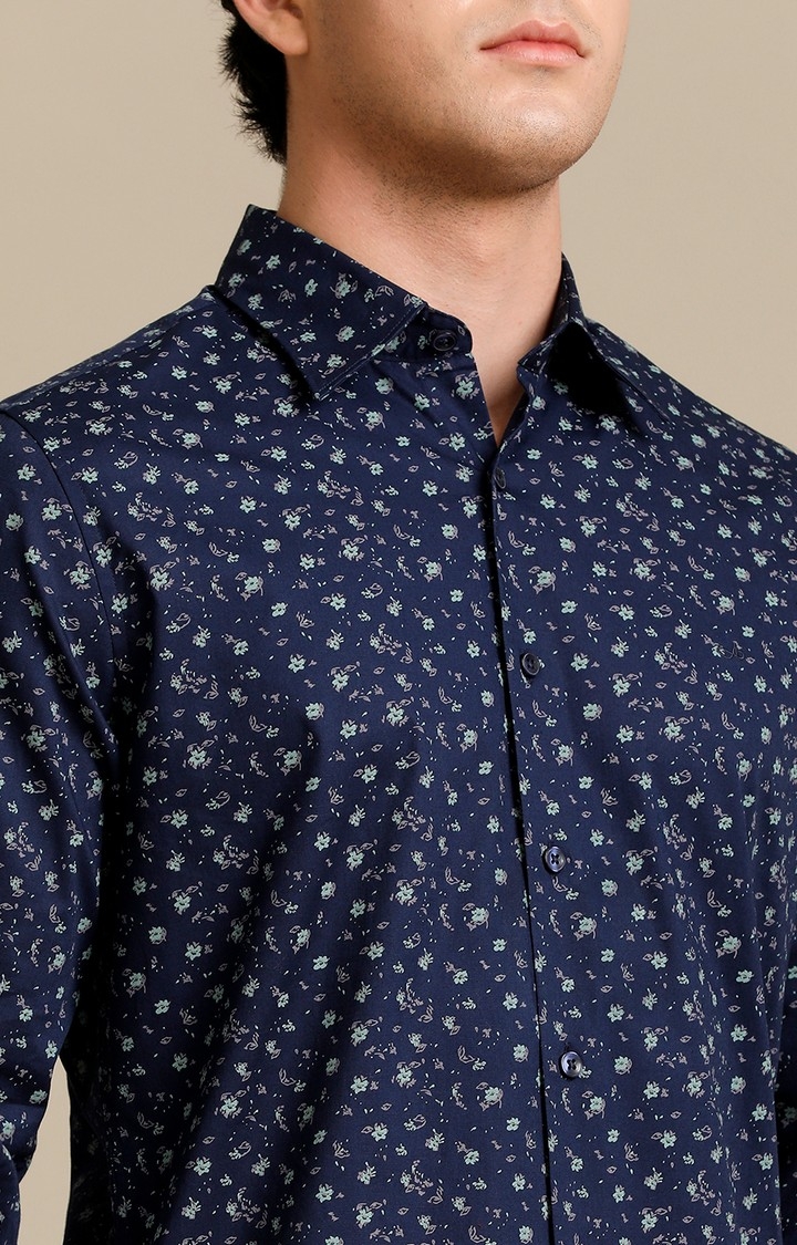 Men's Navy Cotton Floral Casual Shirt
