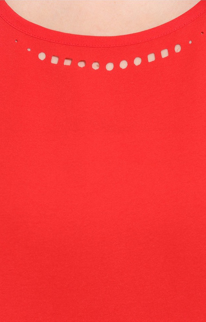Porsorte Women's Plain Laser Cut Polyester Red Top 