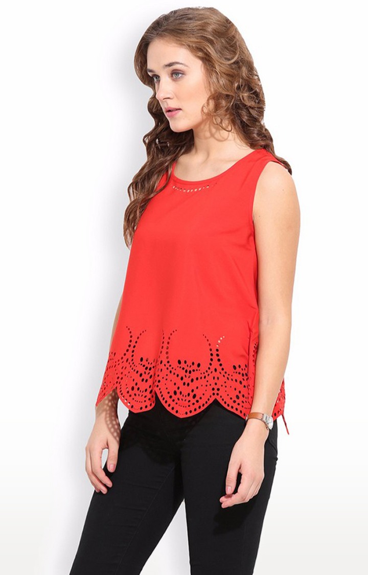 Porsorte Women's Plain Laser Cut Polyester Red Top 