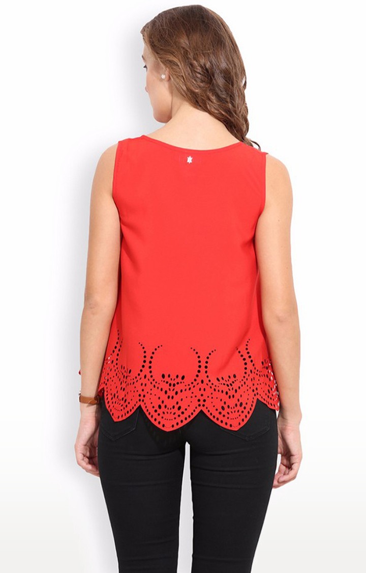 Porsorte Women's Plain Laser Cut Polyester Red Top 