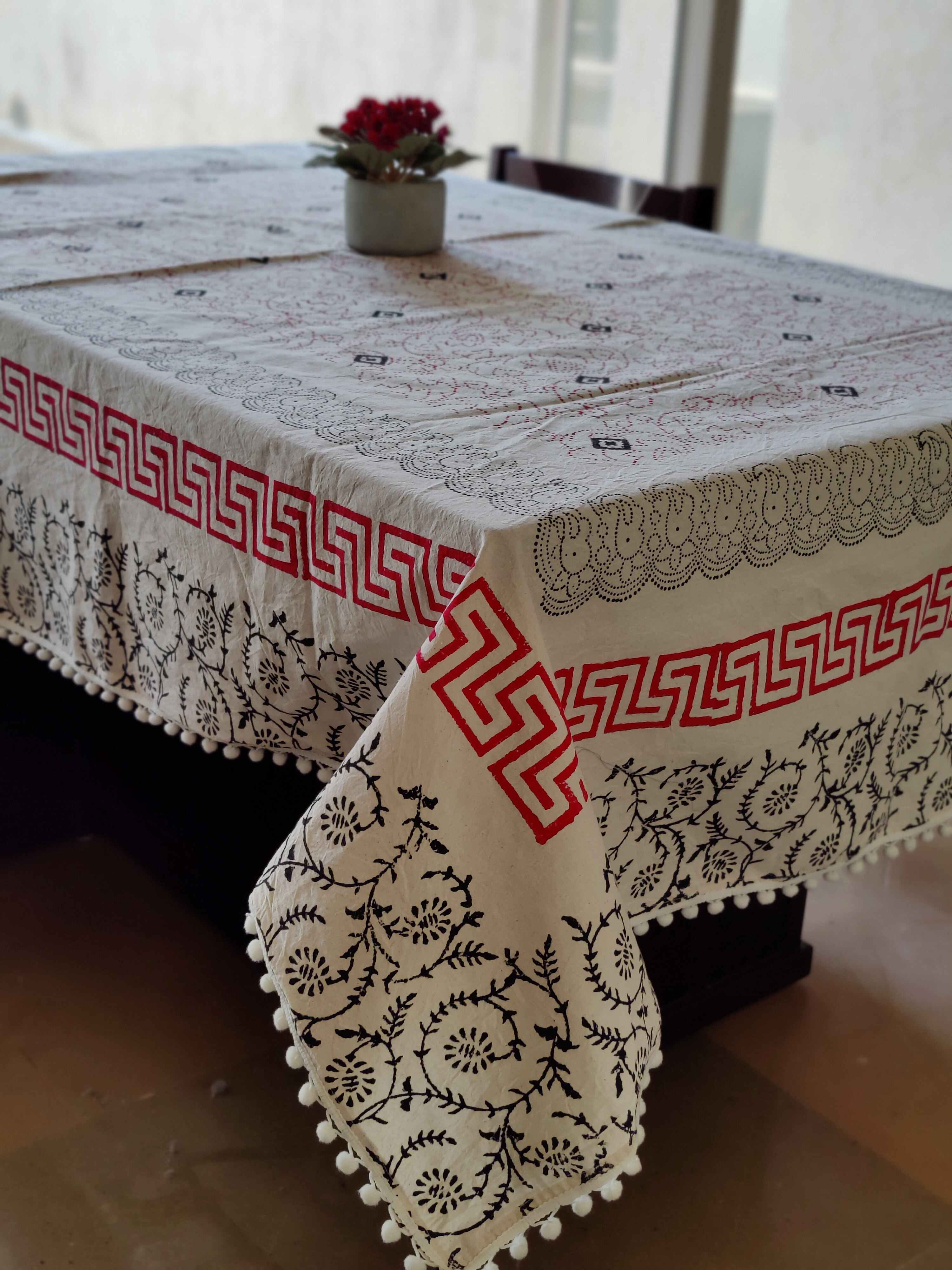 Table Covers HandBlock Printed Colourful Patterns for 6 Seater Table with Tassels 108 (Design-02)