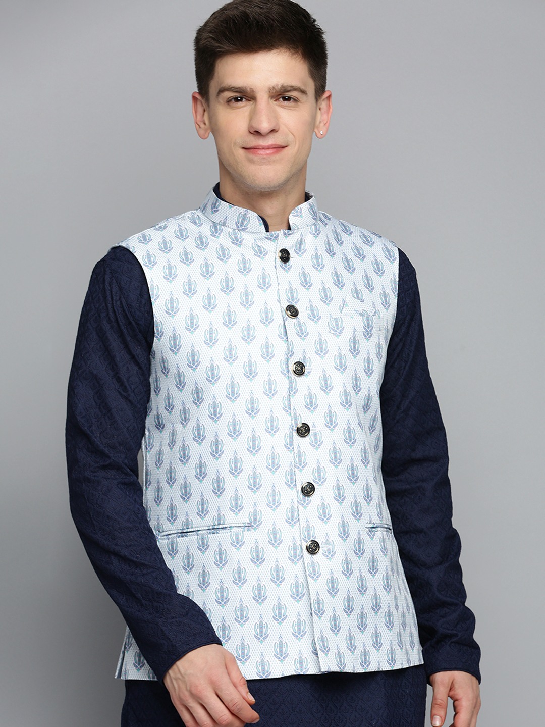 SHOWOFF Men's Printed White Ethnic Nehru Jacket