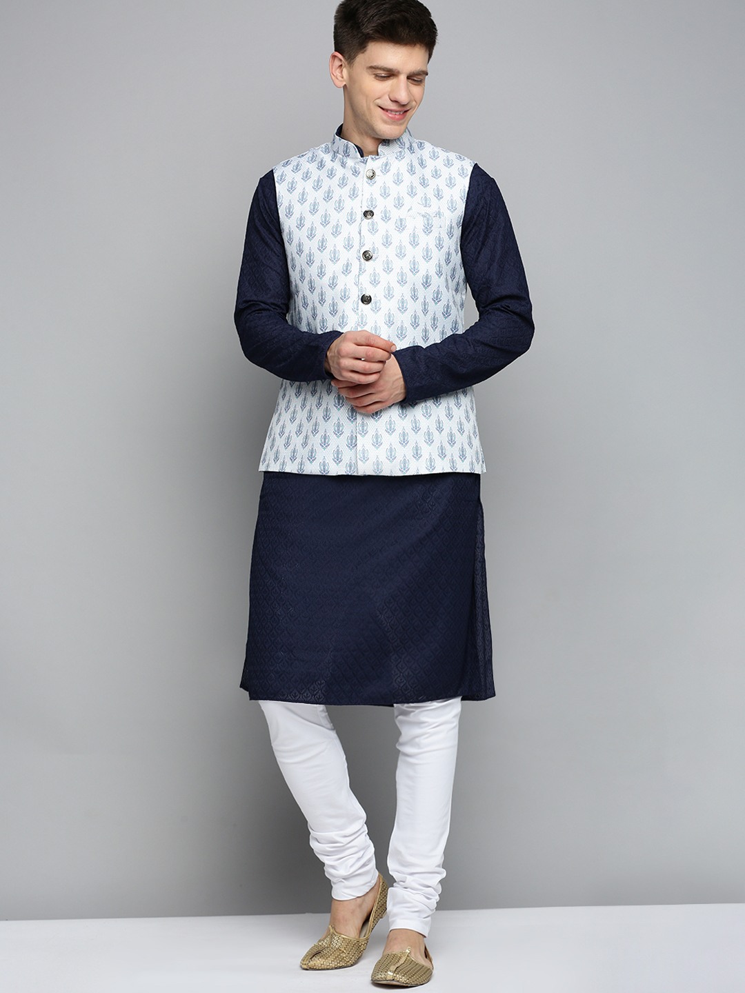 SHOWOFF Men's Printed White Ethnic Nehru Jacket