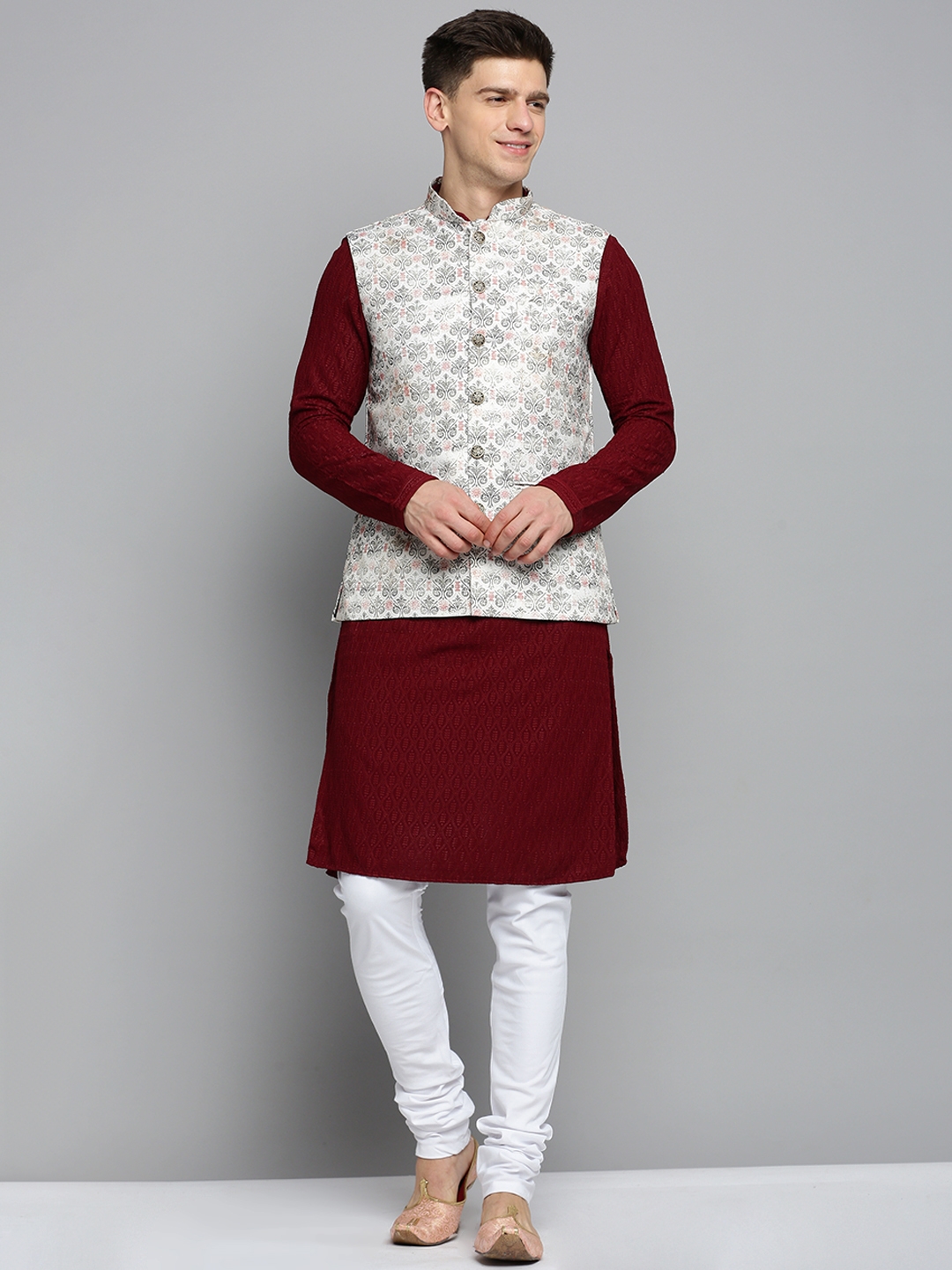 Showoff | SHOWOFF Men's Printed Cream Ethnic Nehru Jacket 4