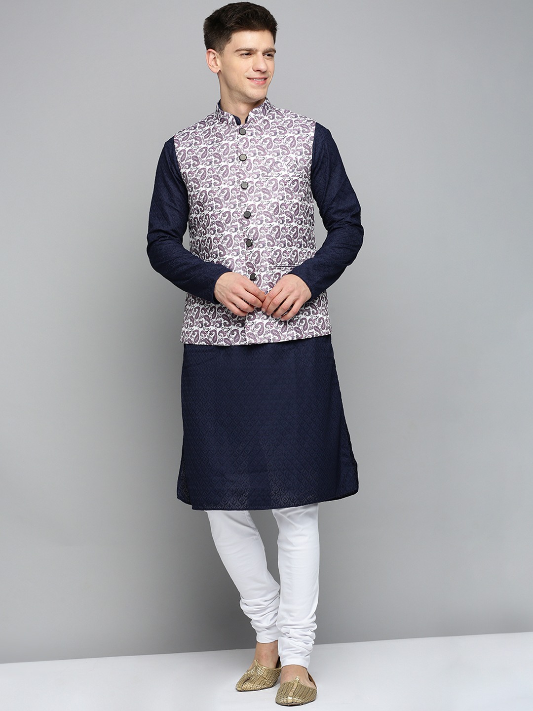 SHOWOFF Men's Printed White Ethnic Nehru Jacket
