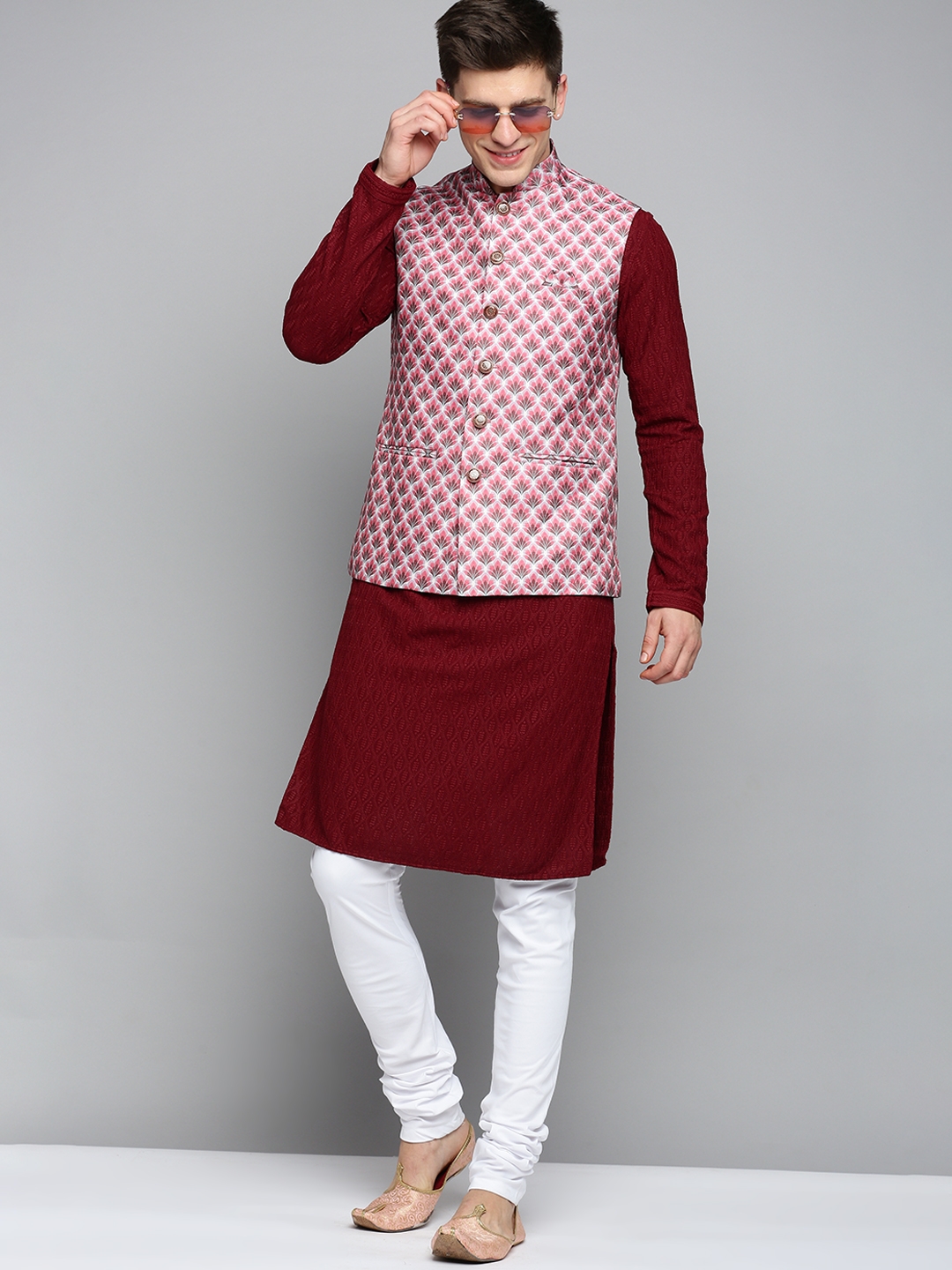 Showoff | SHOWOFF Men's Printed Magenta Ethnic Nehru Jacket 4