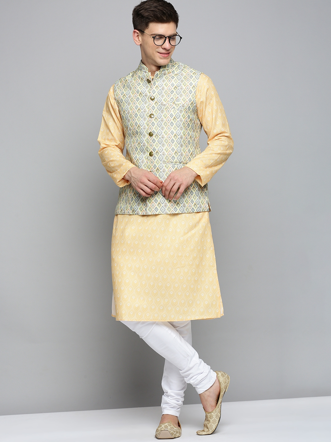 Showoff | SHOWOFF Men's Printed Lime Green Ethnic Nehru Jacket 3