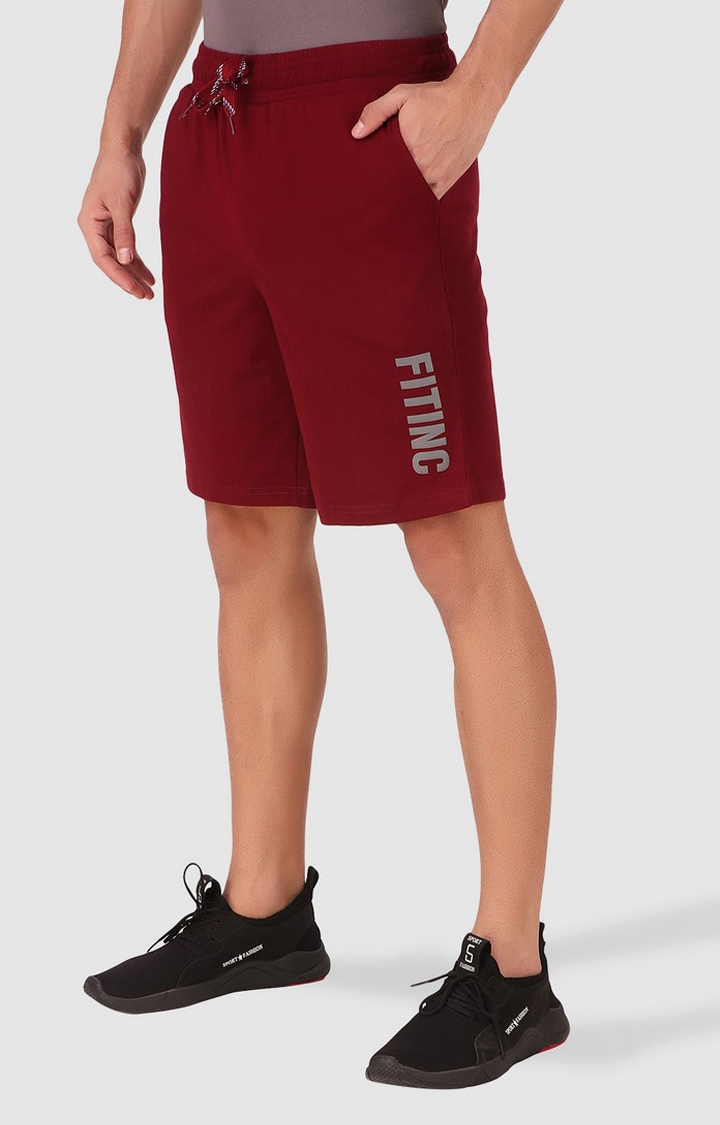Fitinc | Men's Maroon Cotton Blend Solid Activewear Shorts 2