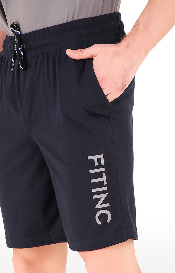 Fitinc | Men's Navy Blue Cotton Blend Solid Activewear Shorts 4
