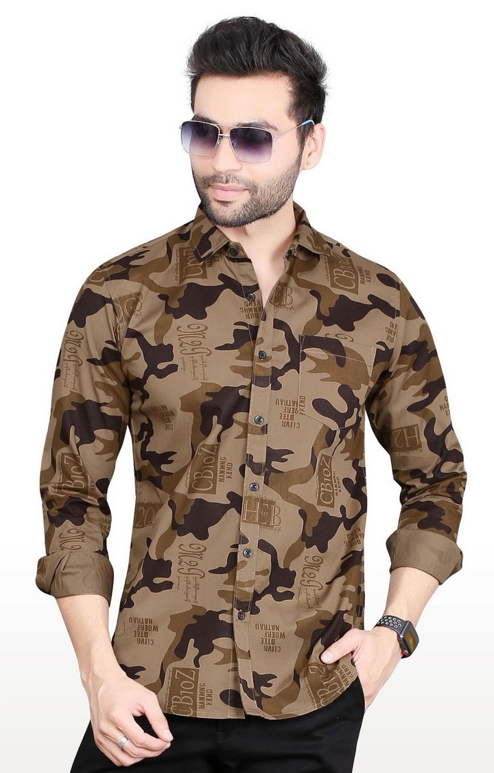 Men's Brown Cotton Camouflage Casual Shirt