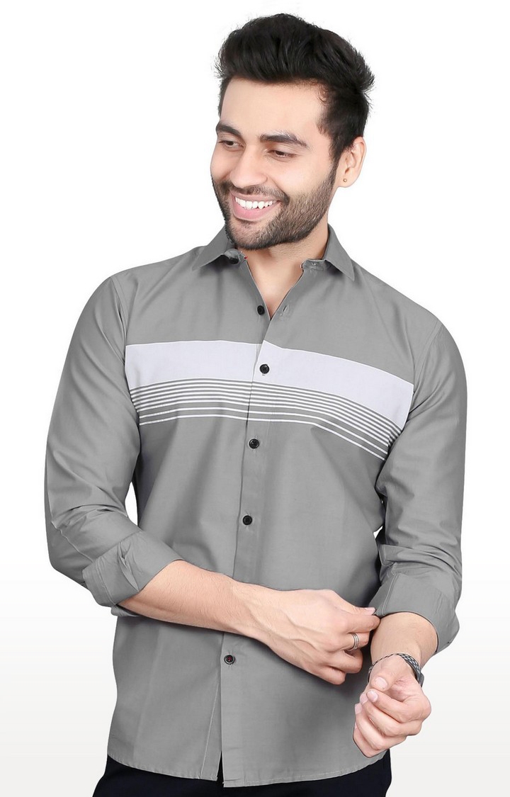 Men's Grey Cotton Striped Casual Shirt