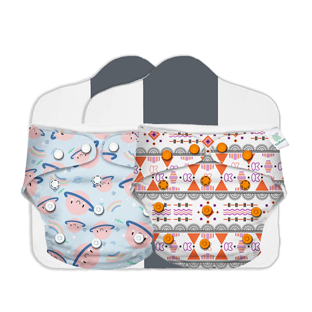 Kidbea | Kidbea Baby's All in One Washable Reusable Adjustable Cloth 2 Diapers with 2 Insert- Cutie Mars & Mandala 0