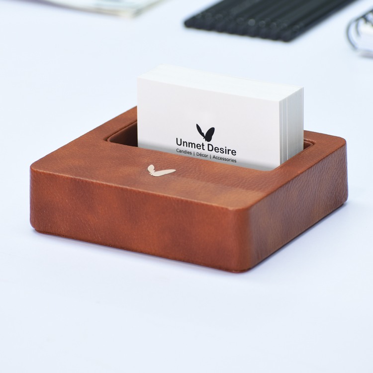 Visiting Card Holder for Desk | Faux Leather | Square | Classic | Tan