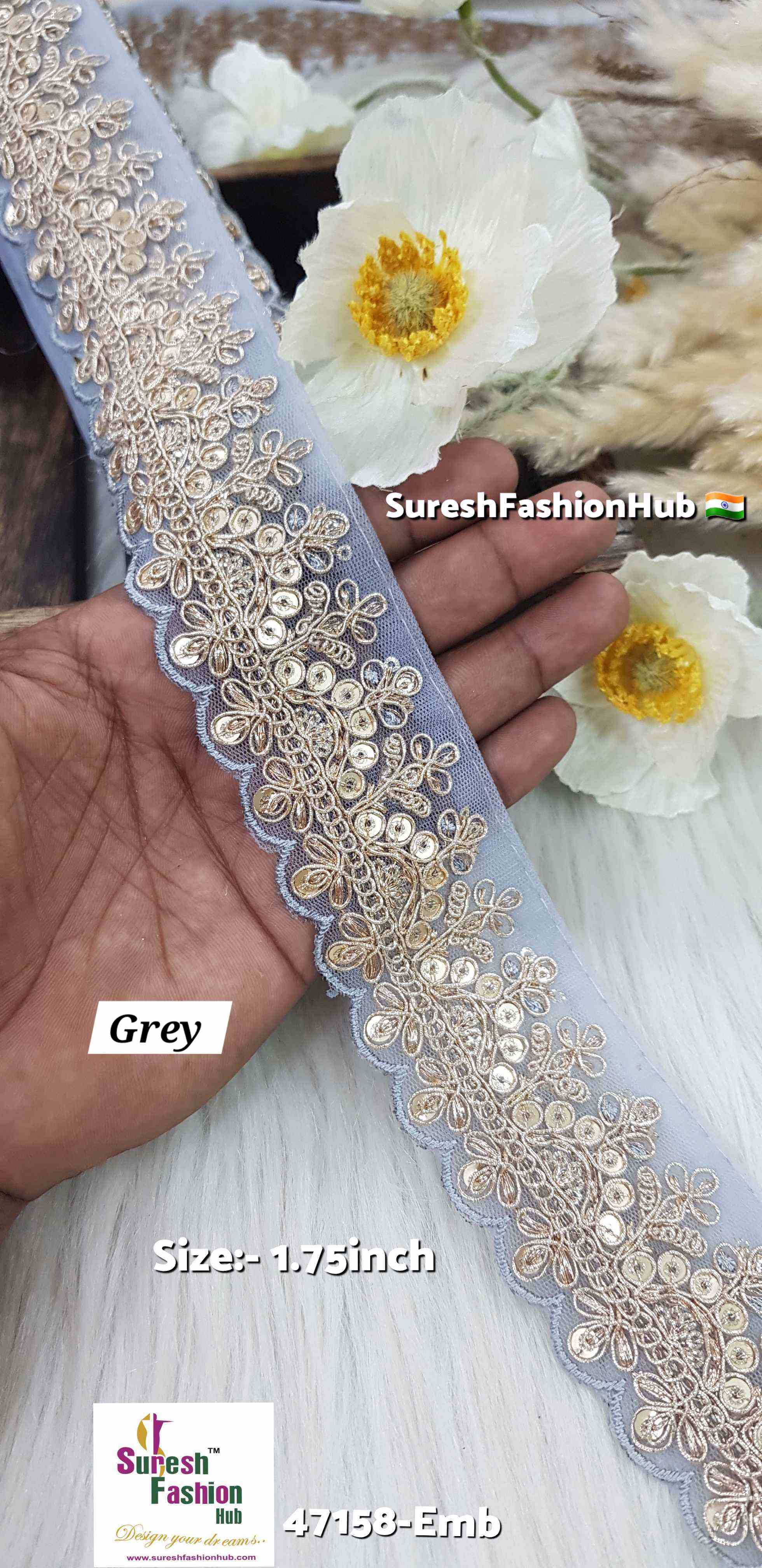 Grey Pearl Embroidery Scalloped Lace