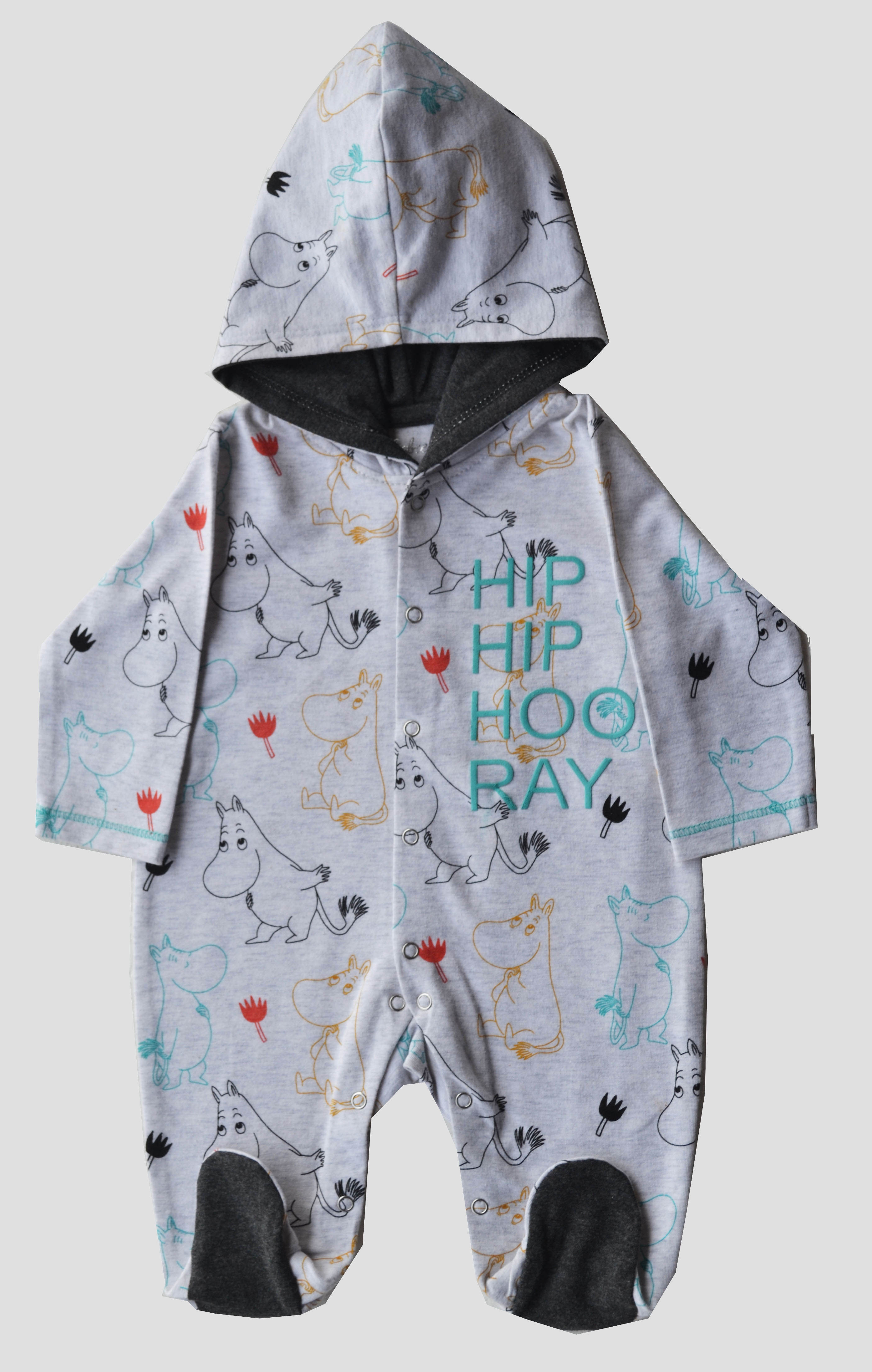 Grey Baby Full Romper/Sleeper with feet & hood with Hippo Print