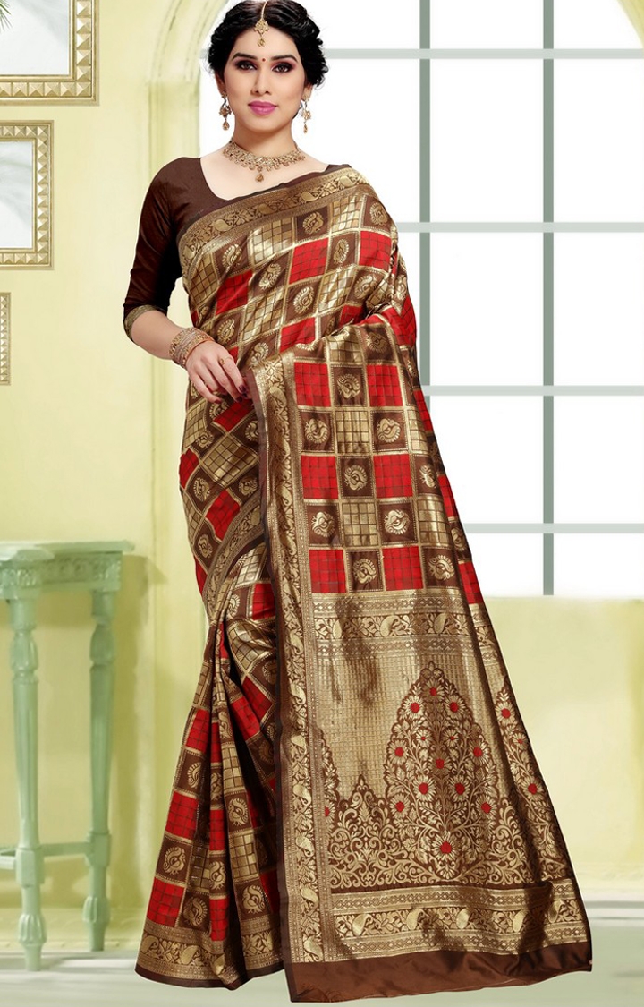 Women's Brown Checked Art Silk Woven Saree