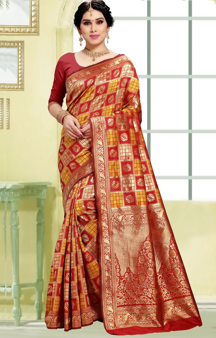 Women's Red and Yellow Checked Woven Banarasi Art Silk Saree