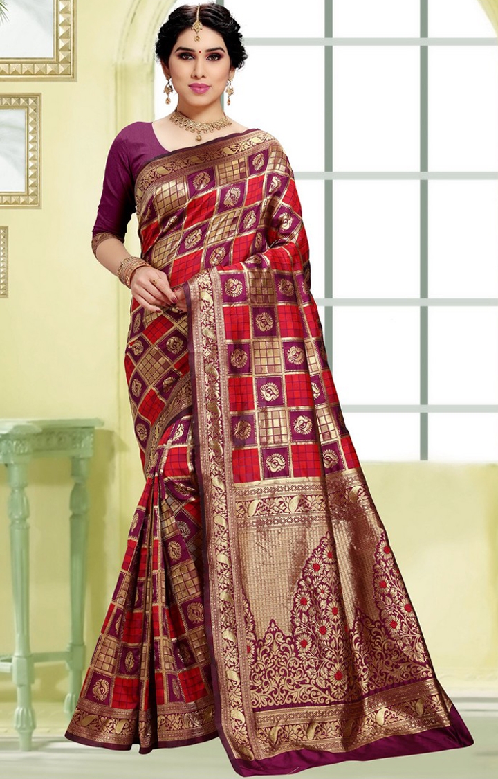 Women's Purple and Red Checked Woven Banarasi Art Silk Saree